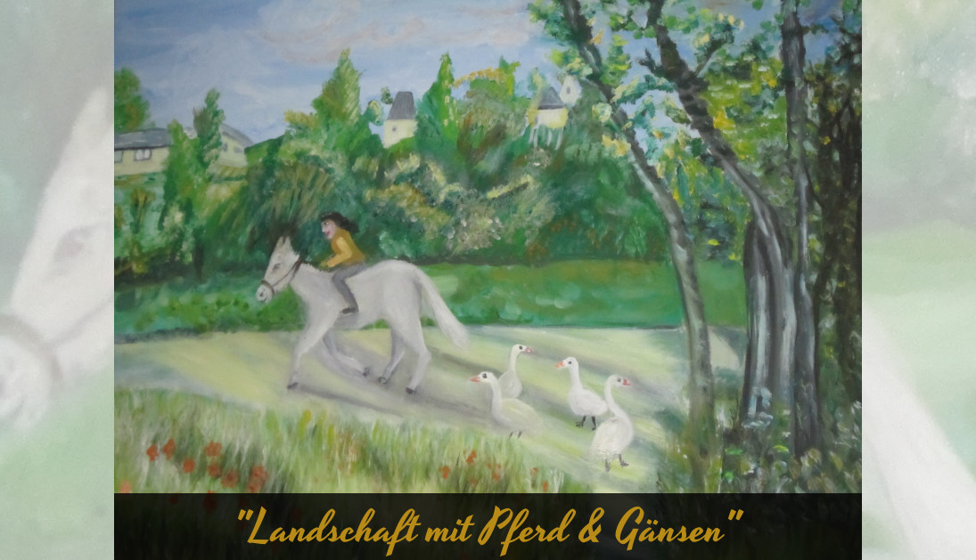 Landschaft mit Pferd und Gänsen